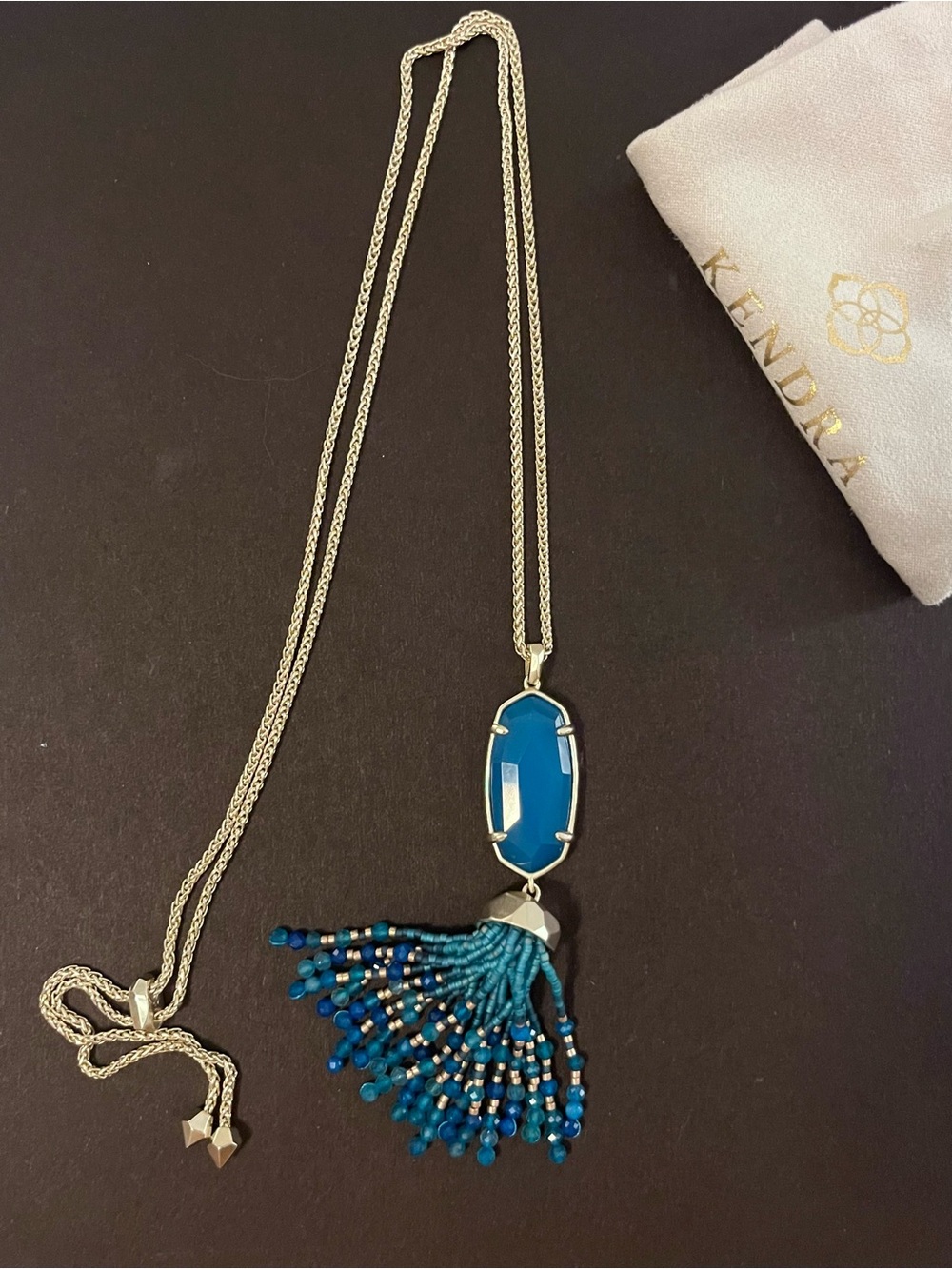 Kendra Scott Teal Blue Faceted Stone Tassel Necklace